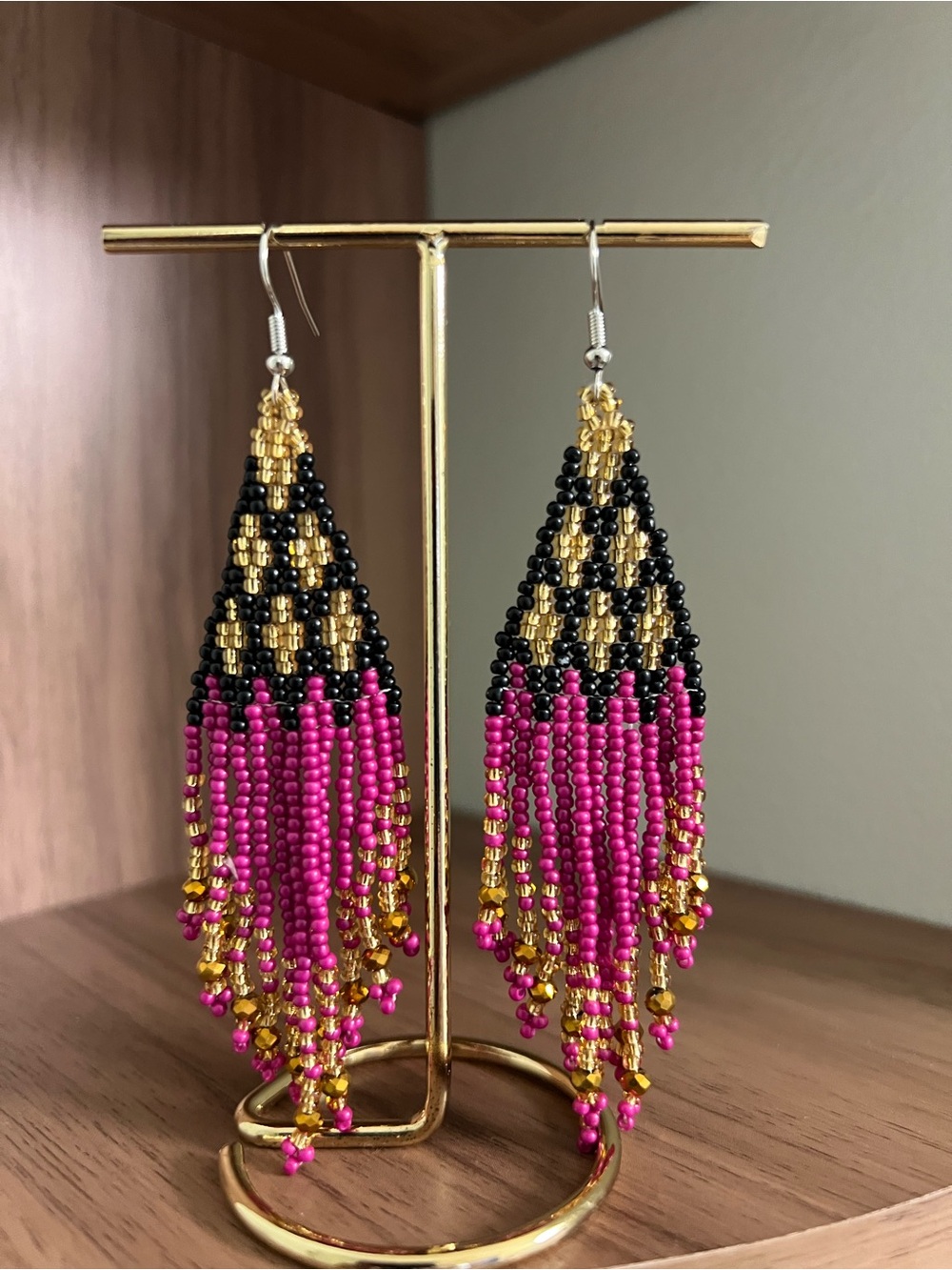 Beautiful Magenta Pink, Black & Gold Beaded Fringe Earrings